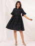 Janasya Women's Black Cotton Abstract Printed A-line Dress